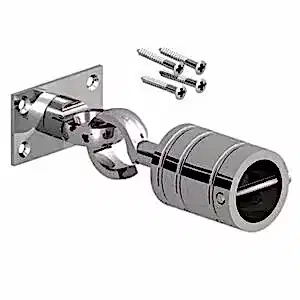Decorative hook & eye on plate for rope handrail.